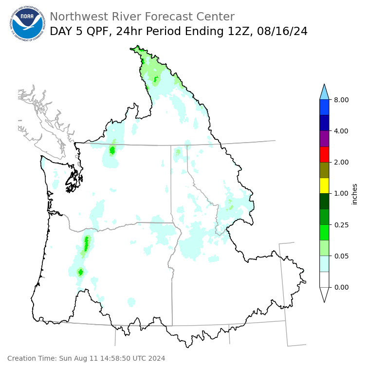 Day 5 (Thursday): Precipitation Forecast ending Friday, August 16 at 5 am PDT