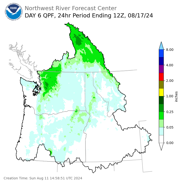 Day 6 (Friday): Precipitation Forecast ending Saturday, August 17 at 5 am PDT