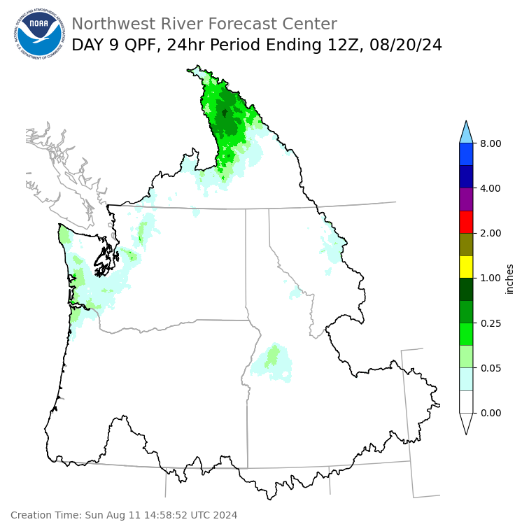 Day 9 (Monday): Precipitation Forecast ending Tuesday, August 20 at 5 am PDT