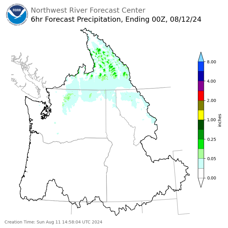 Day 1 (Sunday): 6 Hourly Precipitation Forecast ending Sunday, August 11 at 5 pm PDT