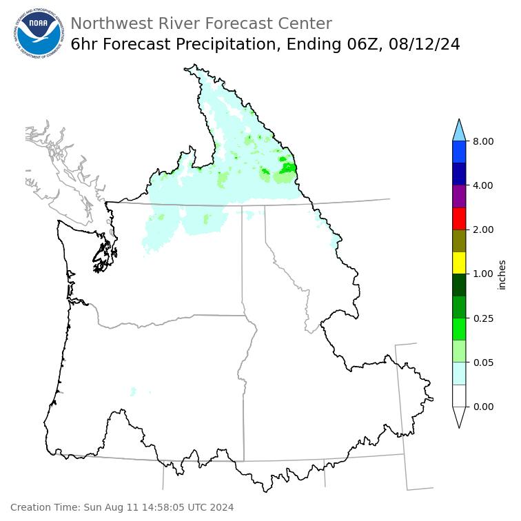 Day 1 (Sunday): 6 Hourly Precipitation Forecast ending Sunday, August 11 at 11 pm PDT