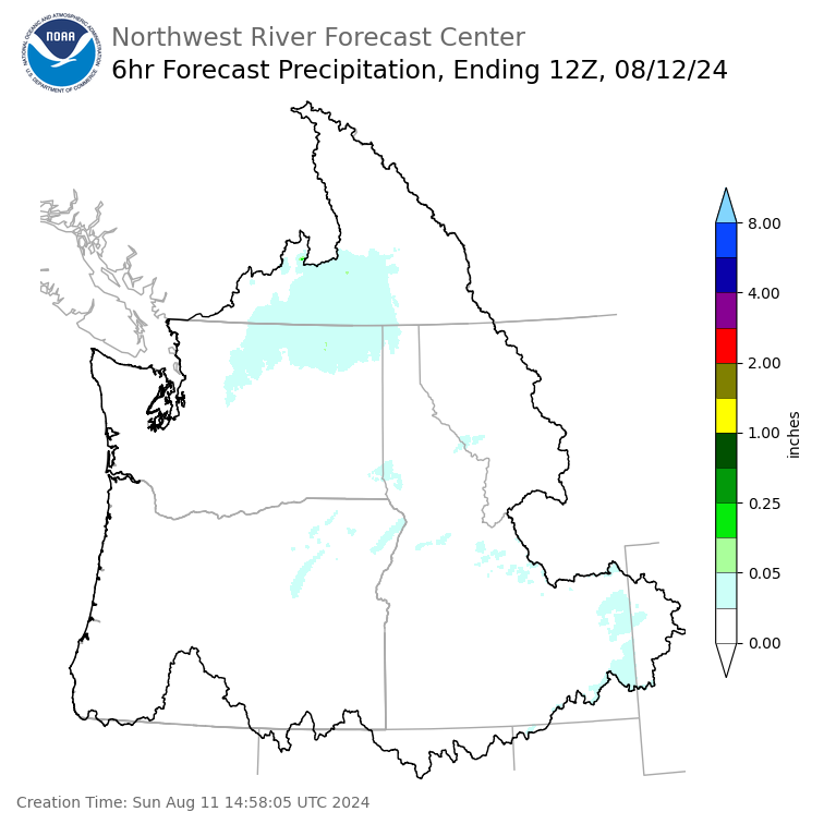 Day 1 (Sunday): 6 Hourly Precipitation Forecast ending Monday, August 12 at 5 am PDT