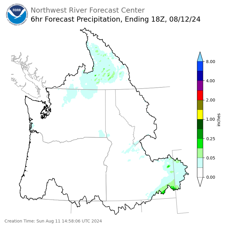Day 2 (Monday): 6 Hourly Precipitation Forecast  ending Monday, August 12 at 11 am PDT