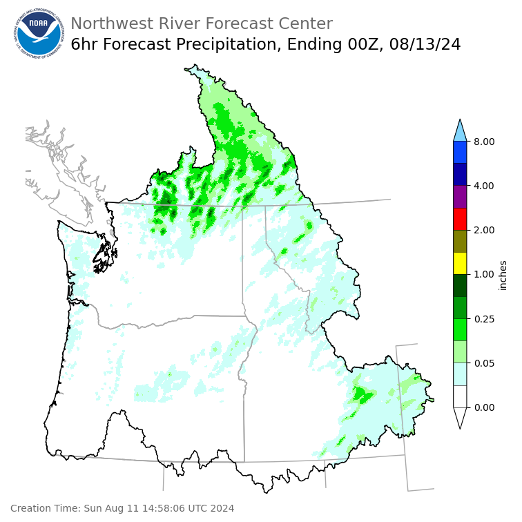 Day 2 (Monday): 6 Hourly Precipitation Forecast  ending Monday, August 12 at 5 pm PDT