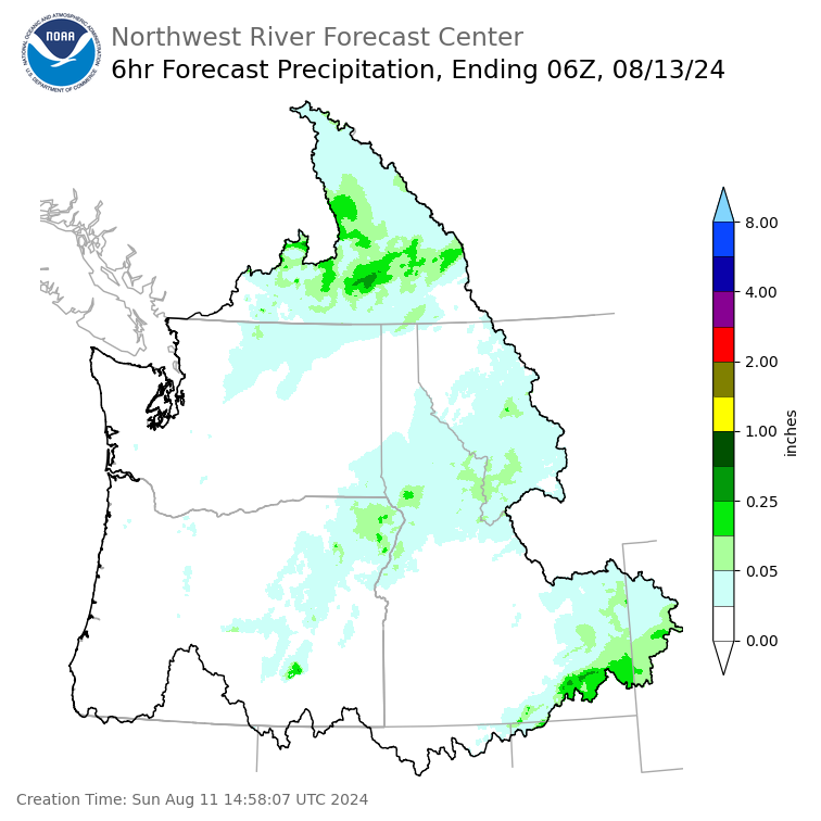 Day 2 (Monday): 6 Hourly Precipitation Forecast  ending Monday, August 12 at 11 pm PDT