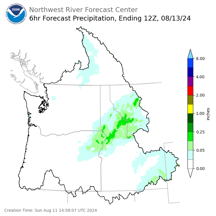 Day 2 (Monday): 6 Hourly Precipitation Forecast  ending Tuesday, August 13 at 5 am PDT