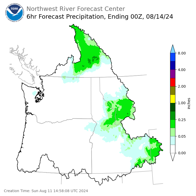 Day 3 (Tuesday): 6 Hourly Precipitation Forecast  ending Tuesday, August 13 at 5 pm PDT