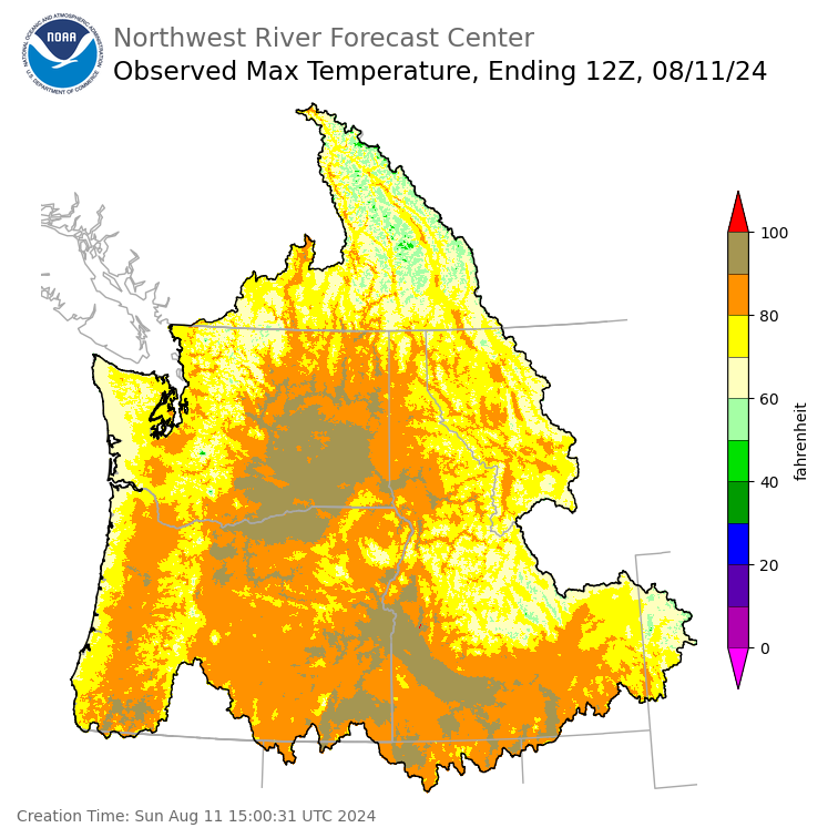 Maximum Temperatures ending Saturday, August 10 at 9 pm PDT