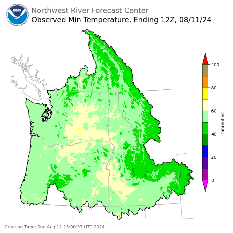 Minimum Temperatures ending Sunday, August 11 at 5 am PDT