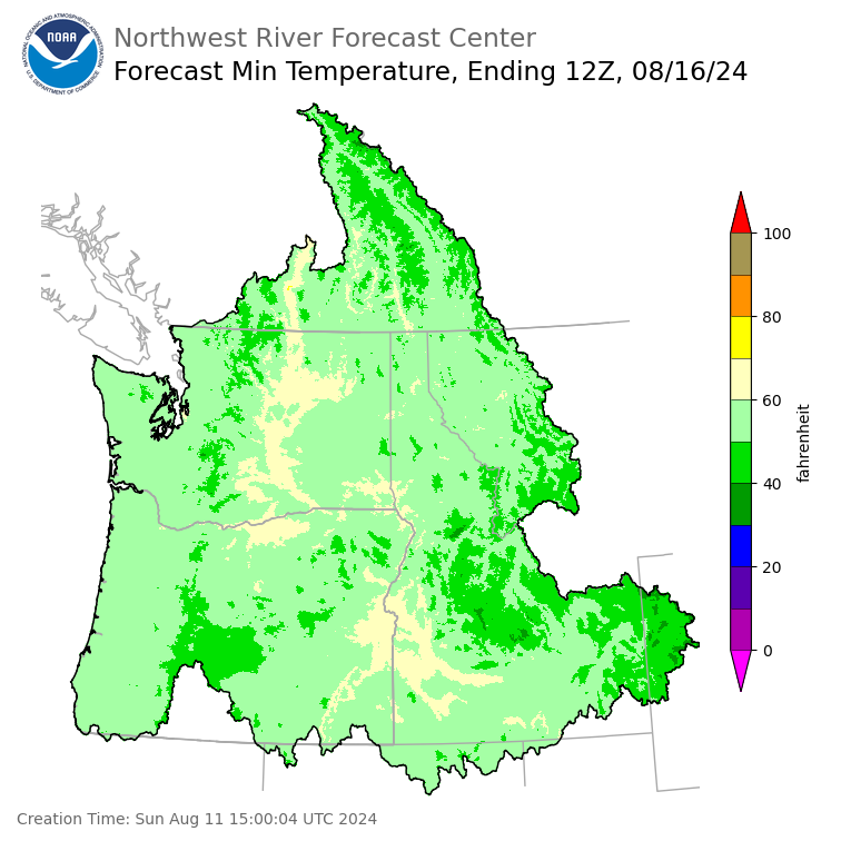 Day 5 (Thursday): Min Temperature Forecast ending Friday, August 16 at 5 am PDT