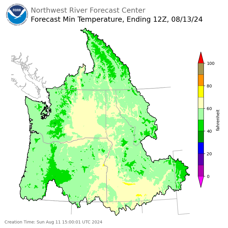 Day 2 (Monday): Min Temperature Forecast ending Tuesday, August 13 at 5 am PDT