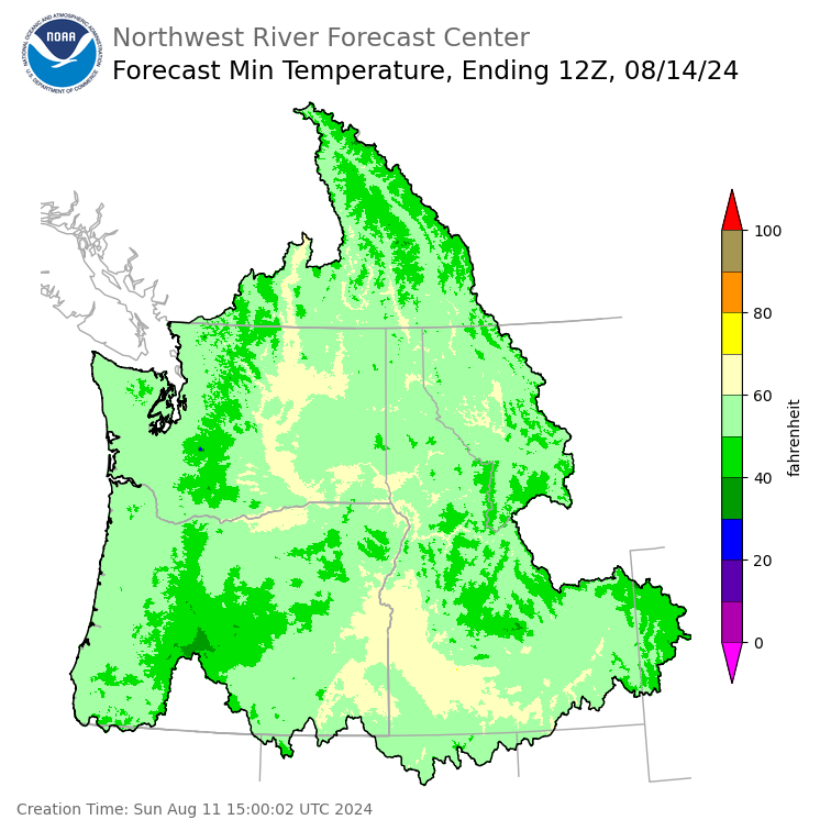 Day 3 (Tuesday): Min Temperature Forecast ending Wednesday, August 14 at 5 am PDT