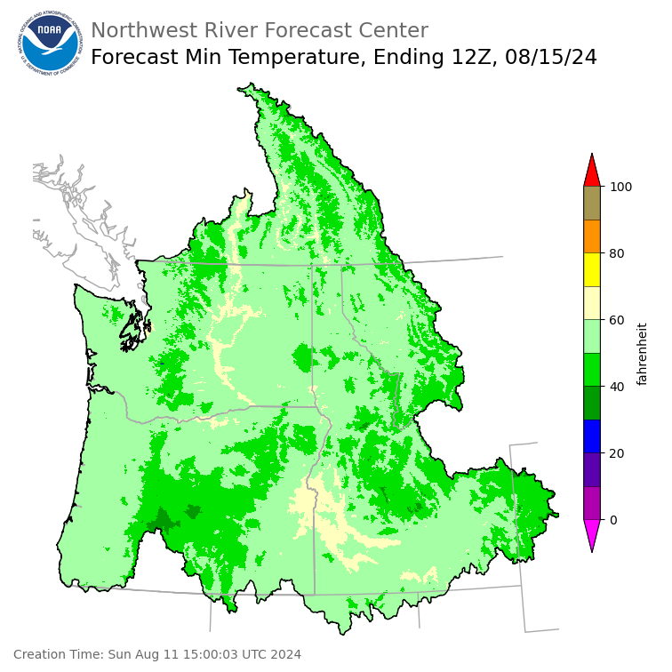 Day 4 (Wednesday): Min Temperature Forecast ending Thursday, August 15 at 5 am PDT