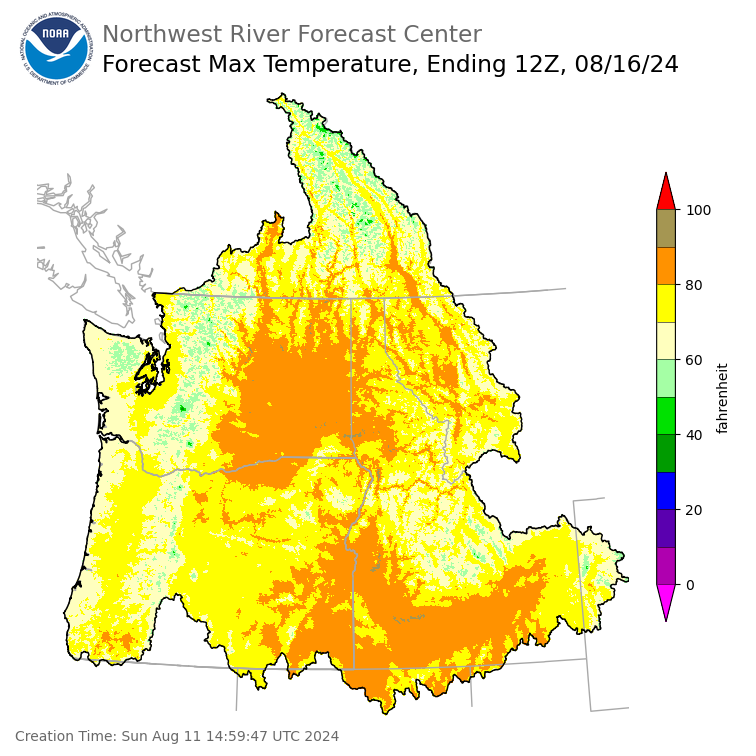 Day 5 (Thursday): Max Temperature Forecast ending Friday, August 16 at 5 am PDT