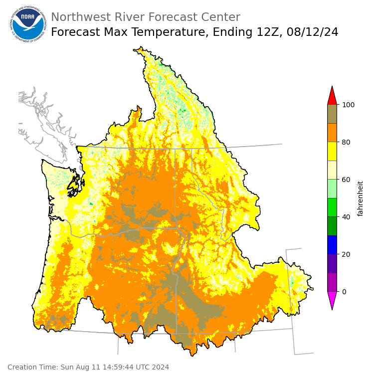 Day 1 (Sunday): Max Temperature Forecast ending Monday, August 12 at 5 am PDT