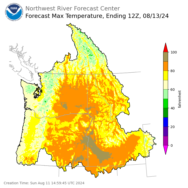 Day 2 (Monday): Max Temperature Forecast ending Tuesday, August 13 at 5 am PDT