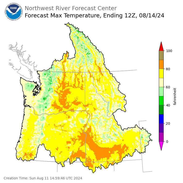 Day 3 (Tuesday): Max Temperature Forecast ending Wednesday, August 14 at 5 am PDT