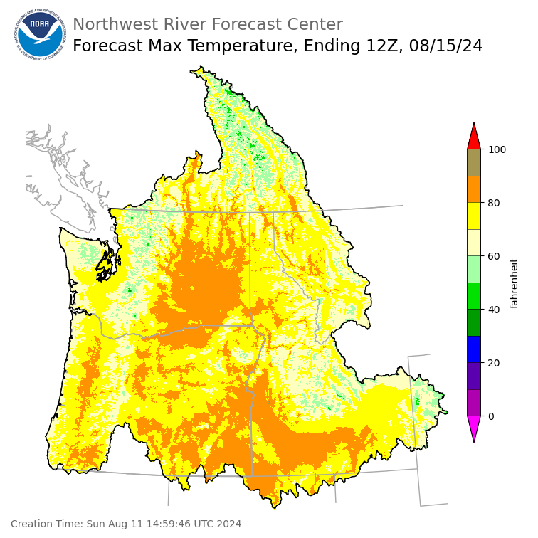 Day 4 (Wednesday): Max Temperature Forecast ending Thursday, August 15 at 5 am PDT