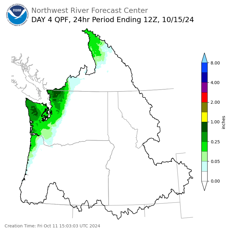 Day 4 (Monday): Precipitation Forecast ending Tuesday, October 15 at 5 am PDT
