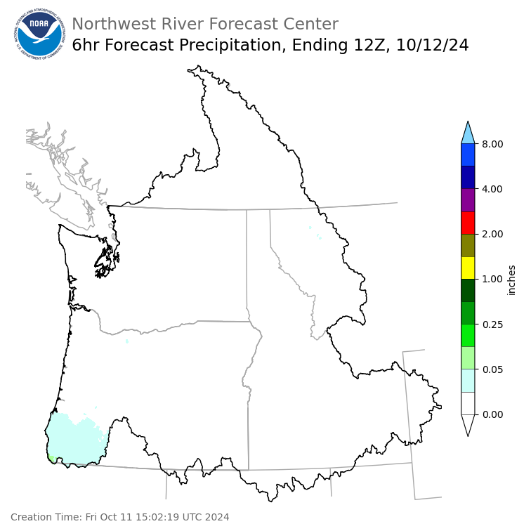 Day 1 (Friday): 6 Hourly Precipitation Forecast ending Saturday, October 12 at 5 am PDT