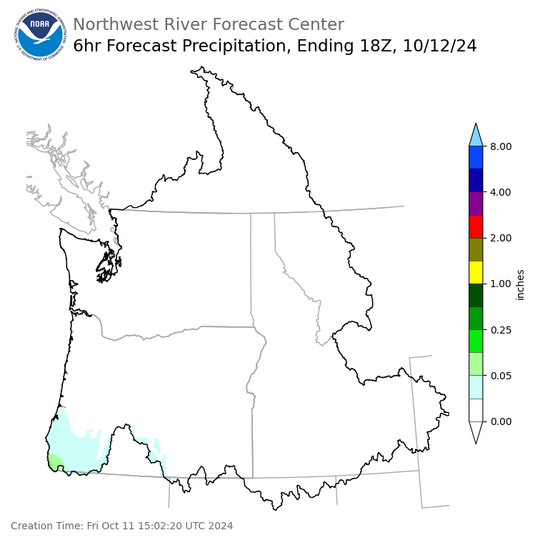 Day 2 (Saturday): 6 Hourly Precipitation Forecast  ending Saturday, October 12 at 11 am PDT