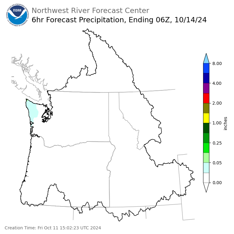 Day 3 (Sunday): 6 Hourly Precipitation Forecast  ending Sunday, October 13 at 11 pm PDT