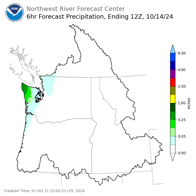 Day 3 (Sunday): 6 Hourly Precipitation Forecast  ending Monday, October 14 at 5 am PDT
