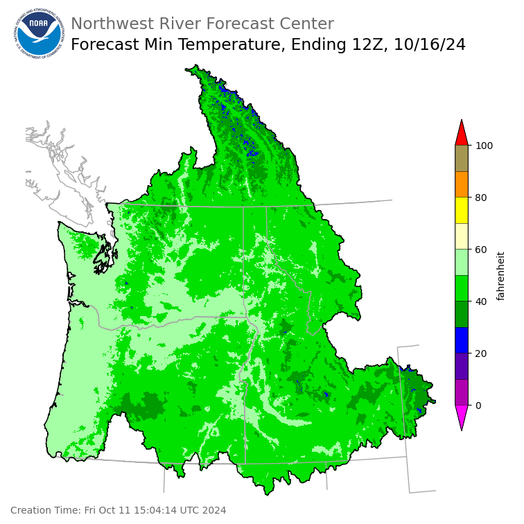 Day 5 (Tuesday): Min Temperature Forecast ending Wednesday, October 16 at 5 am PDT