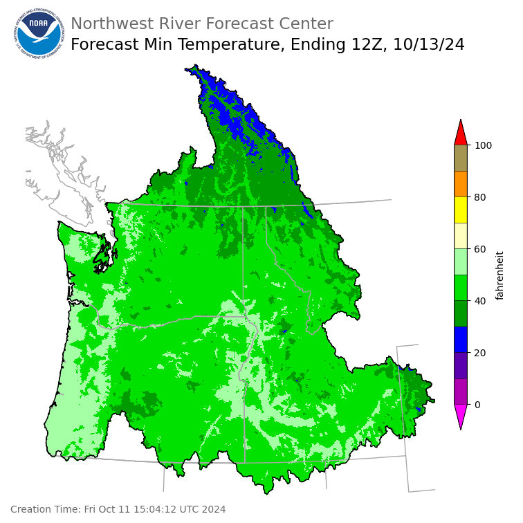 Day 2 (Saturday): Min Temperature Forecast ending Sunday, October 13 at 5 am PDT