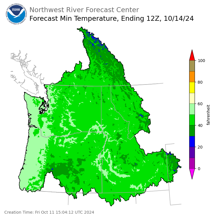 Day 3 (Sunday): Min Temperature Forecast ending Monday, October 14 at 5 am PDT