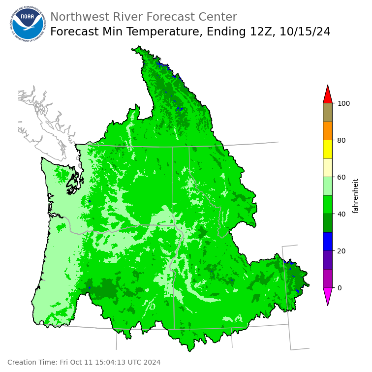 Day 4 (Monday): Min Temperature Forecast ending Tuesday, October 15 at 5 am PDT