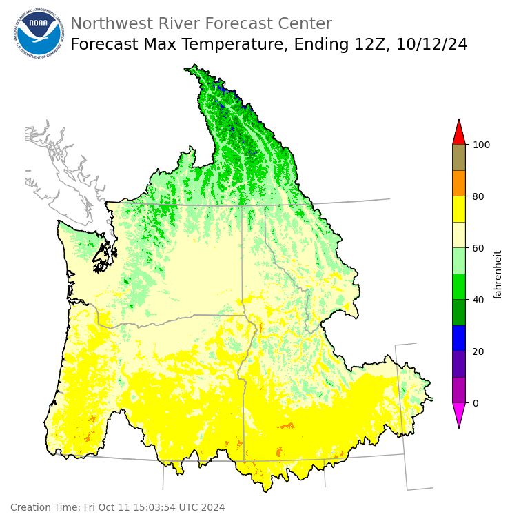 Day 1 (Friday): Max Temperature Forecast ending Saturday, October 12 at 5 am PDT