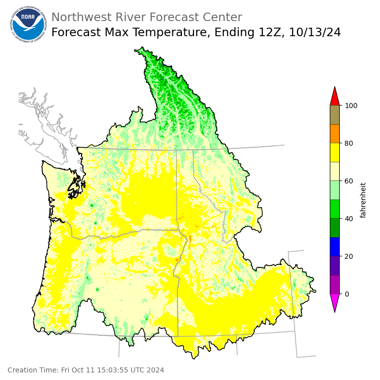 Day 2 (Saturday): Max Temperature Forecast ending Sunday, October 13 at 5 am PDT