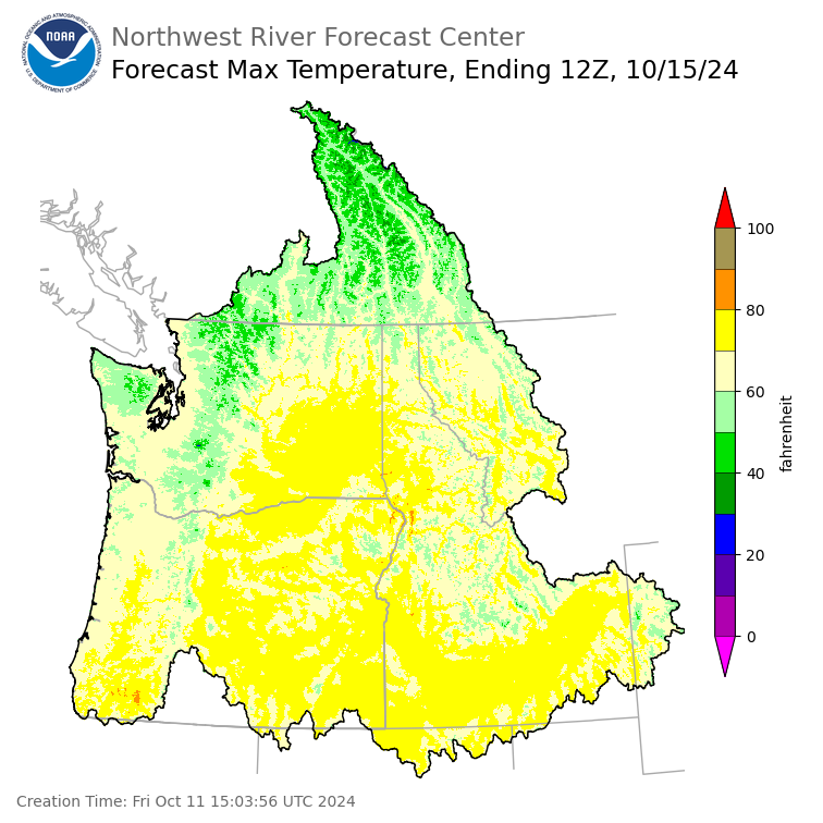 Day 4 (Monday): Max Temperature Forecast ending Tuesday, October 15 at 5 am PDT