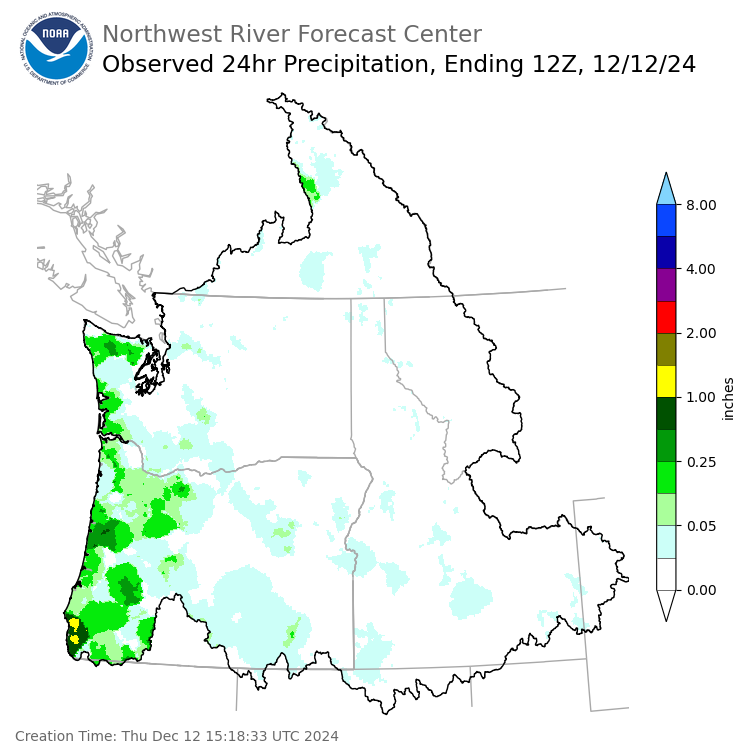 Observed Precipitation ending Thursday, December 12 at 4 am PST