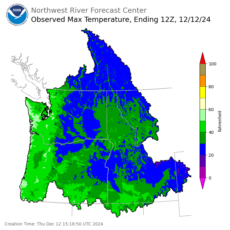 Maximum Temperatures ending Wednesday, December 11 at 8 pm PST