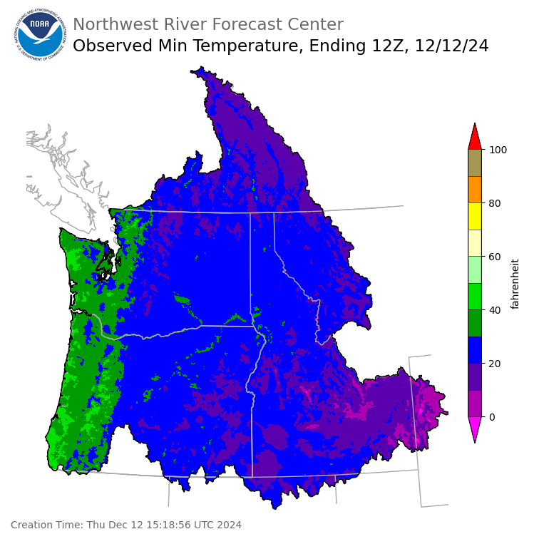 Minimum Temperatures ending Thursday, December 12 at 4 am PST