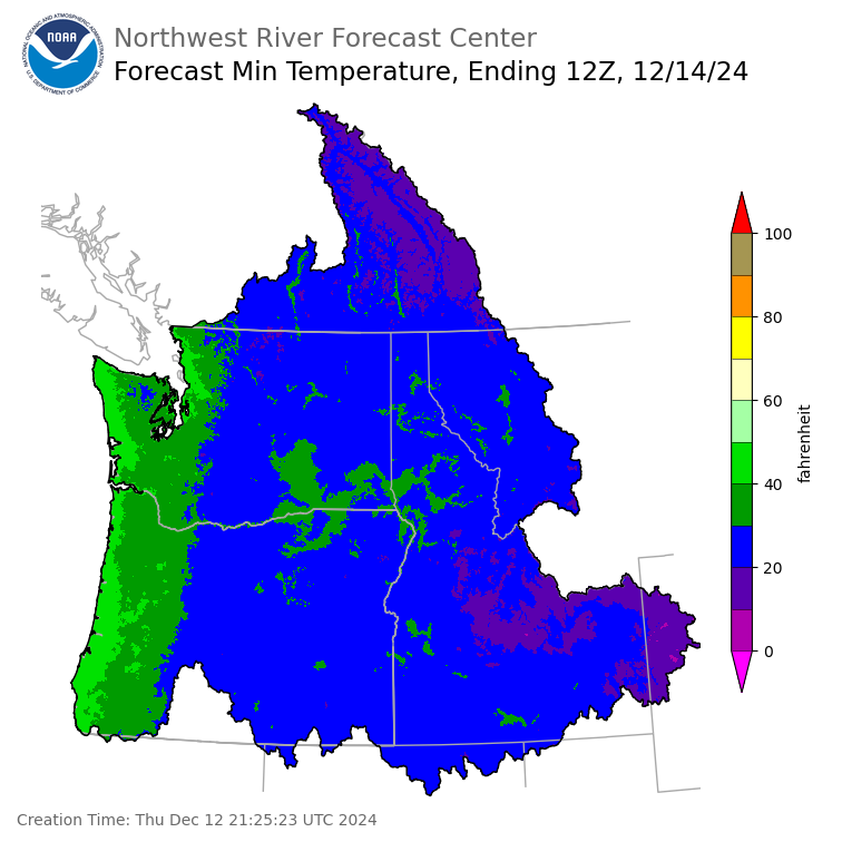Day 2 (Friday): Min Temperature Forecast ending Saturday, December 14 at 4 am PST