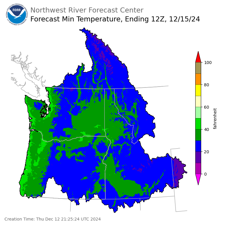 Day 3 (Saturday): Min Temperature Forecast ending Sunday, December 15 at 4 am PST