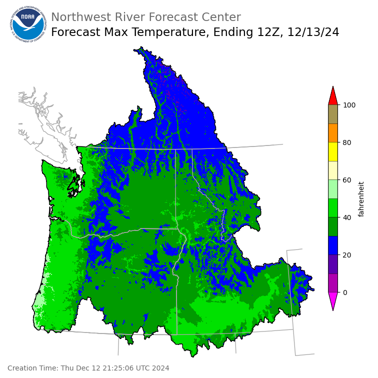 Day 1 (Thursday): Max Temperature Forecast ending Friday, December 13 at 4 am PST