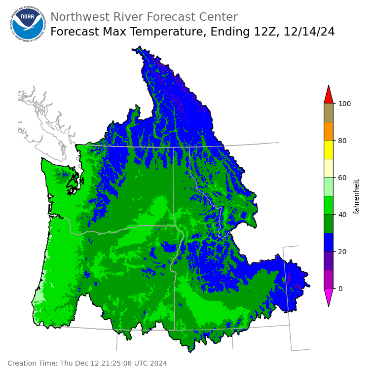 Day 2 (Friday): Max Temperature Forecast ending Saturday, December 14 at 4 am PST