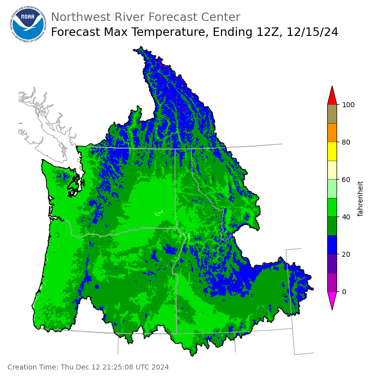 Day 3 (Saturday): Max Temperature Forecast ending Sunday, December 15 at 4 am PST