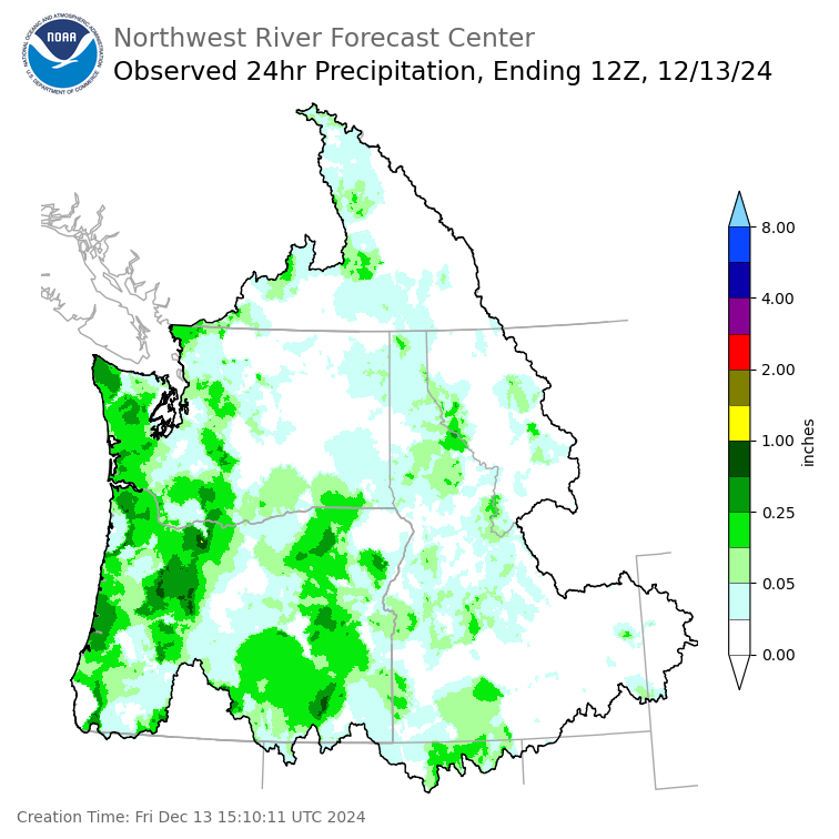 Observed Precipitation ending Friday, December 13 at 4 am PST