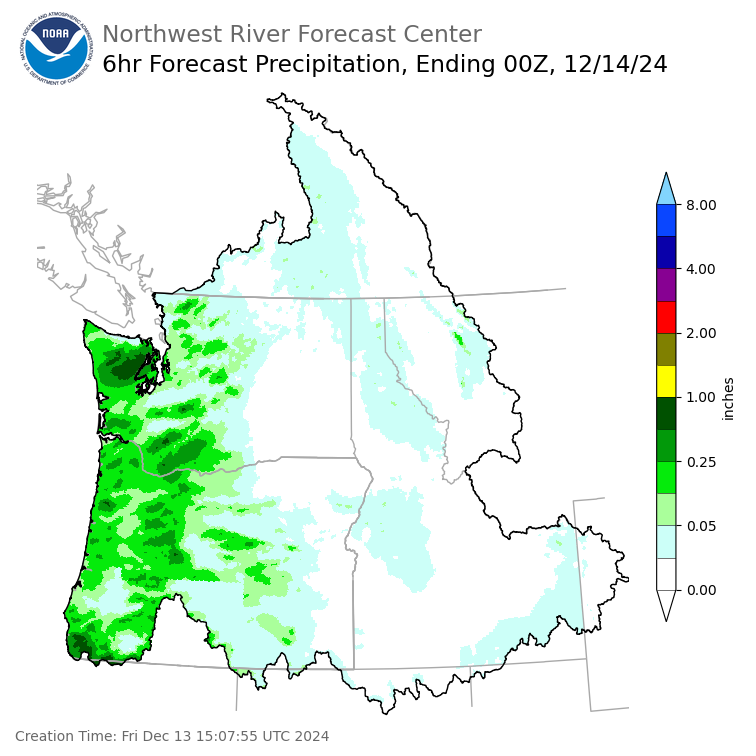 Day 1 (Friday): 6 Hourly Precipitation Forecast ending Friday, December 13 at 4 pm PST