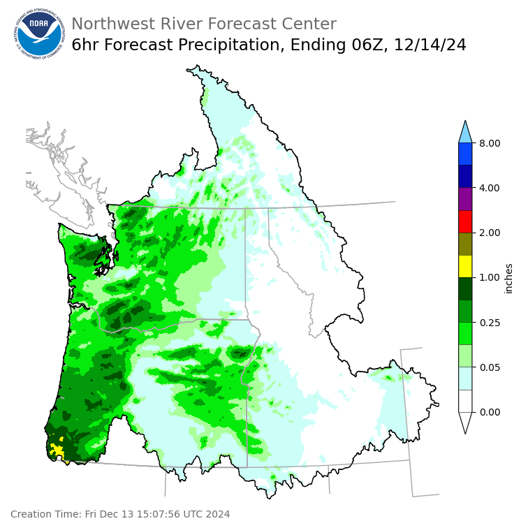 Day 1 (Friday): 6 Hourly Precipitation Forecast ending Friday, December 13 at 10 pm PST