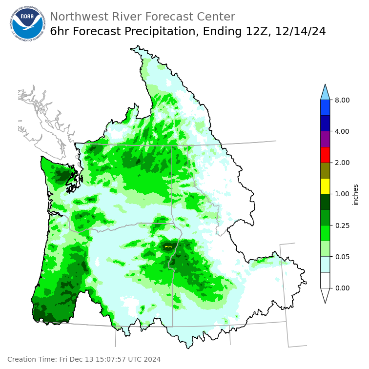 Day 1 (Friday): 6 Hourly Precipitation Forecast ending Saturday, December 14 at 4 am PST