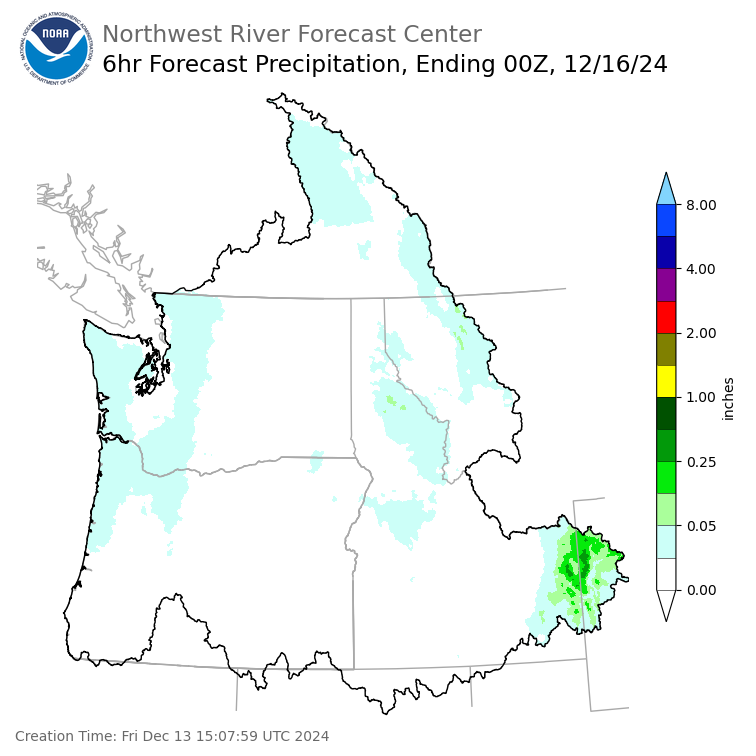 Day 3 (Sunday): 6 Hourly Precipitation Forecast  ending Sunday, December 15 at 4 pm PST