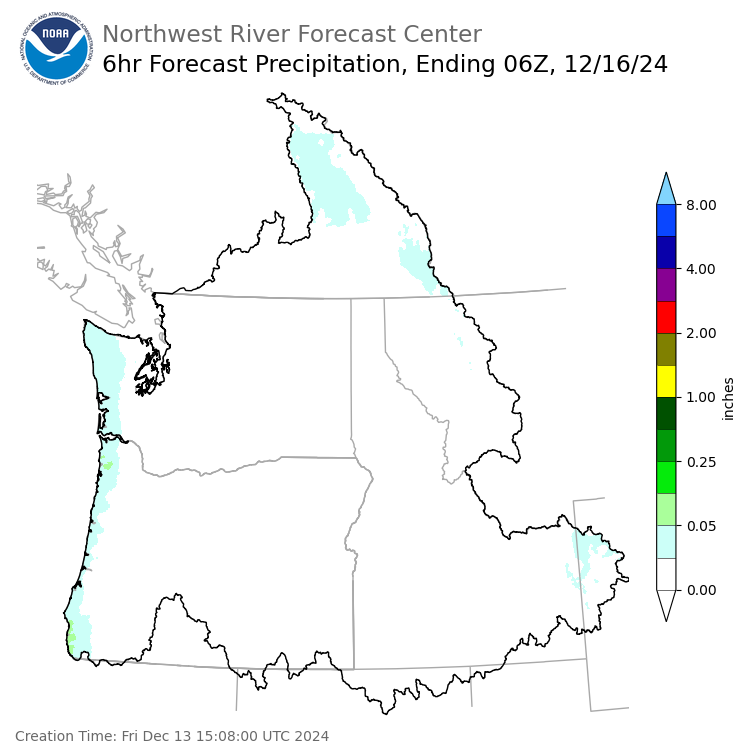 Day 3 (Sunday): 6 Hourly Precipitation Forecast  ending Sunday, December 15 at 10 pm PST