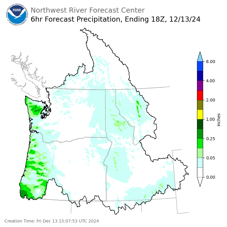 Day 1 (Friday): 6 Hourly Precipitation Forecast ending Friday, December 13 at 10 am PST