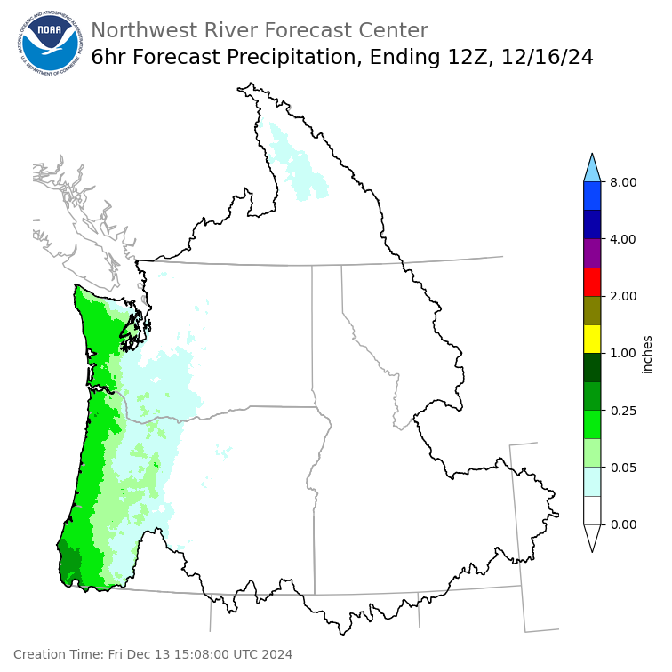 Day 3 (Sunday): 6 Hourly Precipitation Forecast  ending Monday, December 16 at 4 am PST